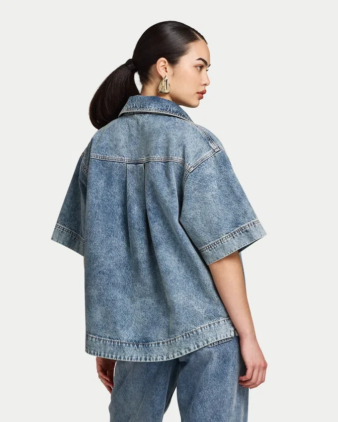 Chemise en denim à manches courtes pour femme Chemise en denim à manches courtes pour femme