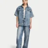 Chemise en denim à manches courtes pour femme Chemise en denim à manches courtes pour femme