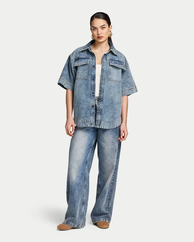 Chemise en denim à manches courtes pour femme Chemise en denim à manches courtes pour femme