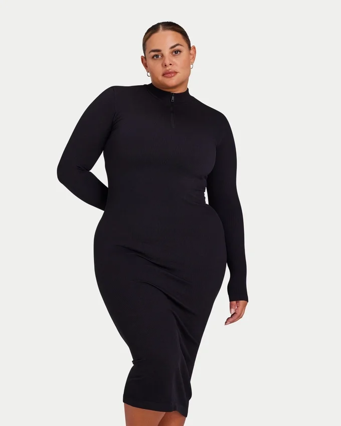 Robe midi à manches longues pour femme – noire Robe midi à manches longues pour femme – noire