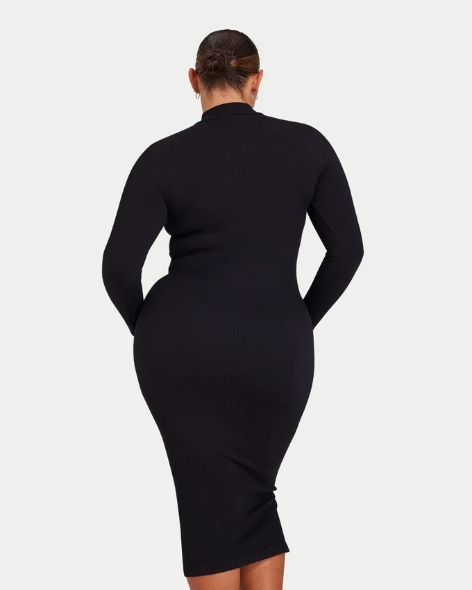 Robe midi à manches longues pour femme – noire Robe midi à manches longues pour femme – noire