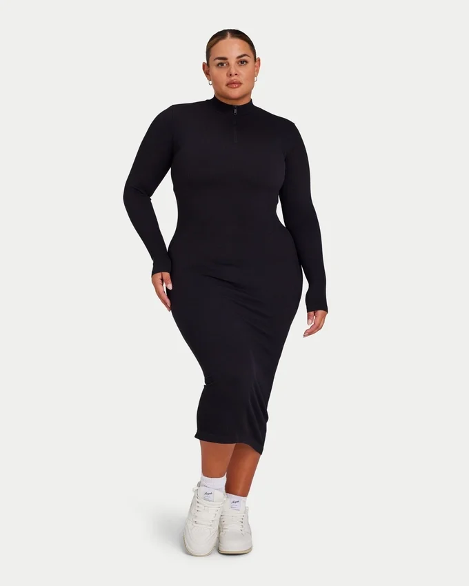 Robe midi à manches longues pour femme – noire Robe midi à manches longues pour femme – noire