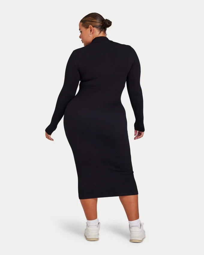 Robe midi à manches longues pour femme – noire Robe midi à manches longues pour femme – noire