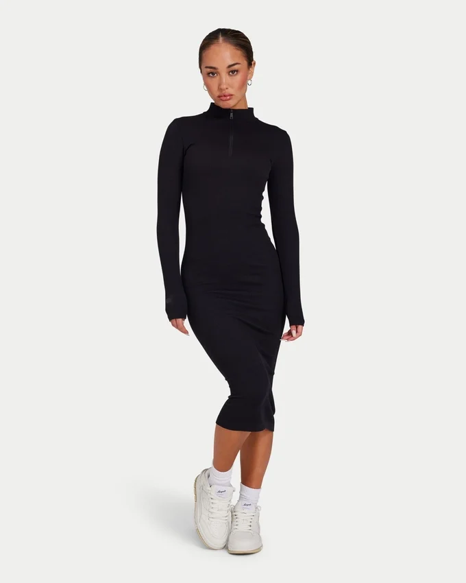 Robe midi à manches longues pour femme – noire Robe midi à manches longues pour femme – noire